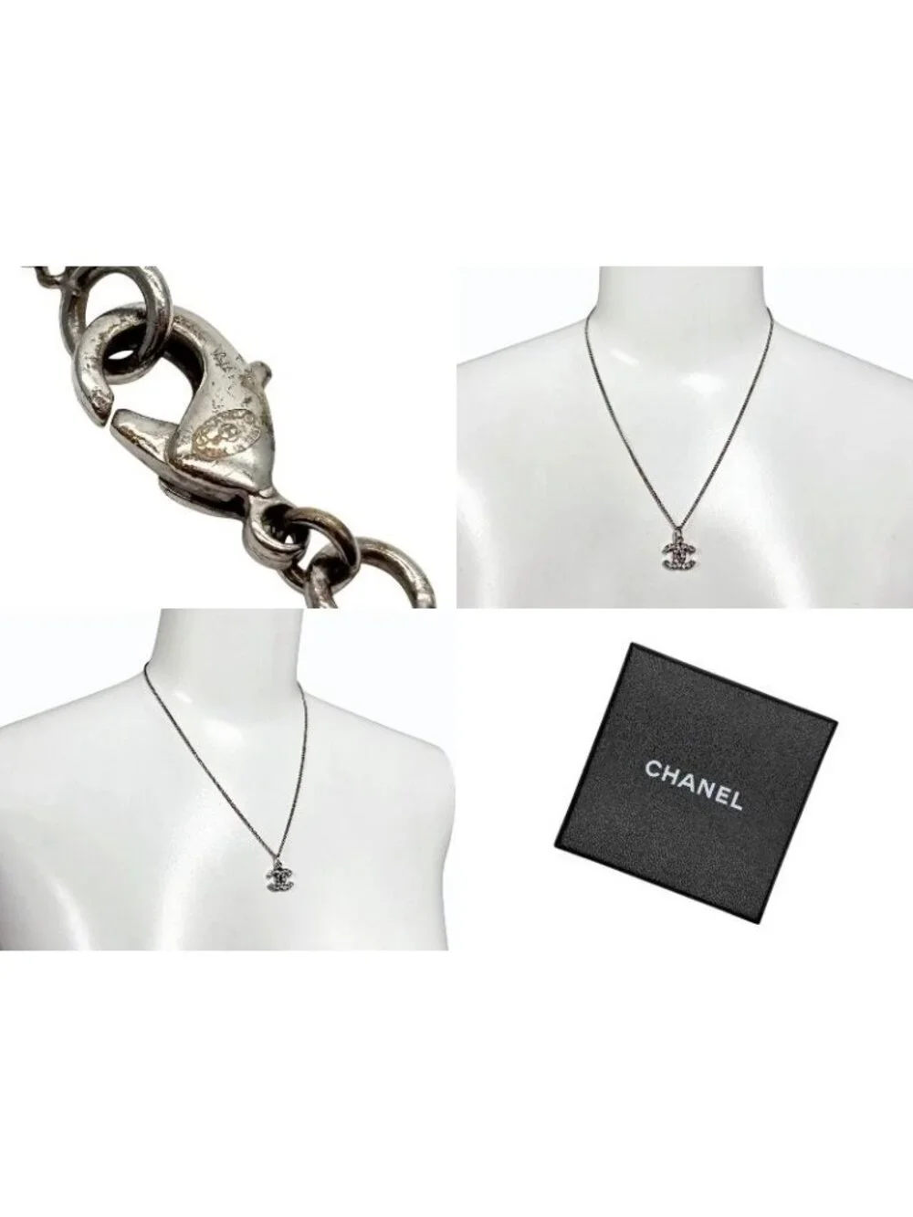 Chanel CC Logo Necklace 09 44 Rhinestone Metal Clear Silver
